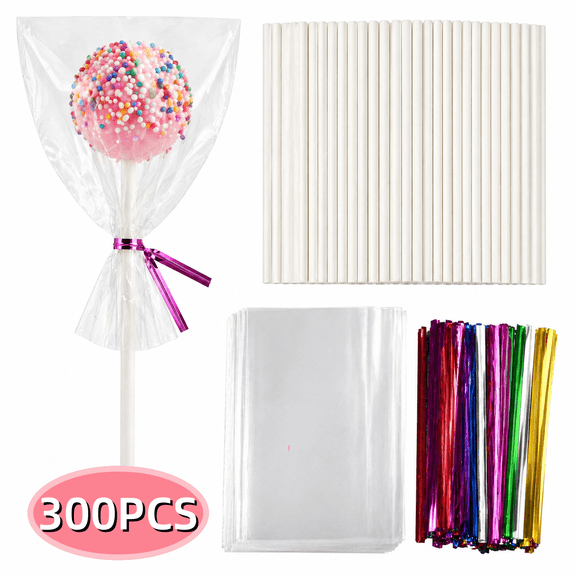 Cake Pop Sticks and Bag Cake Pop Sticks and Wrapper Set Each of 100 Pieces Parcel Bags Treat Sticks and Colorful Metallic Wire for Lollipops Candies Chocolates and Cookies