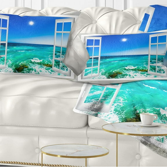 Designart Open Window to Wavy Ocean - Seashore Throw Pillow - 12x20