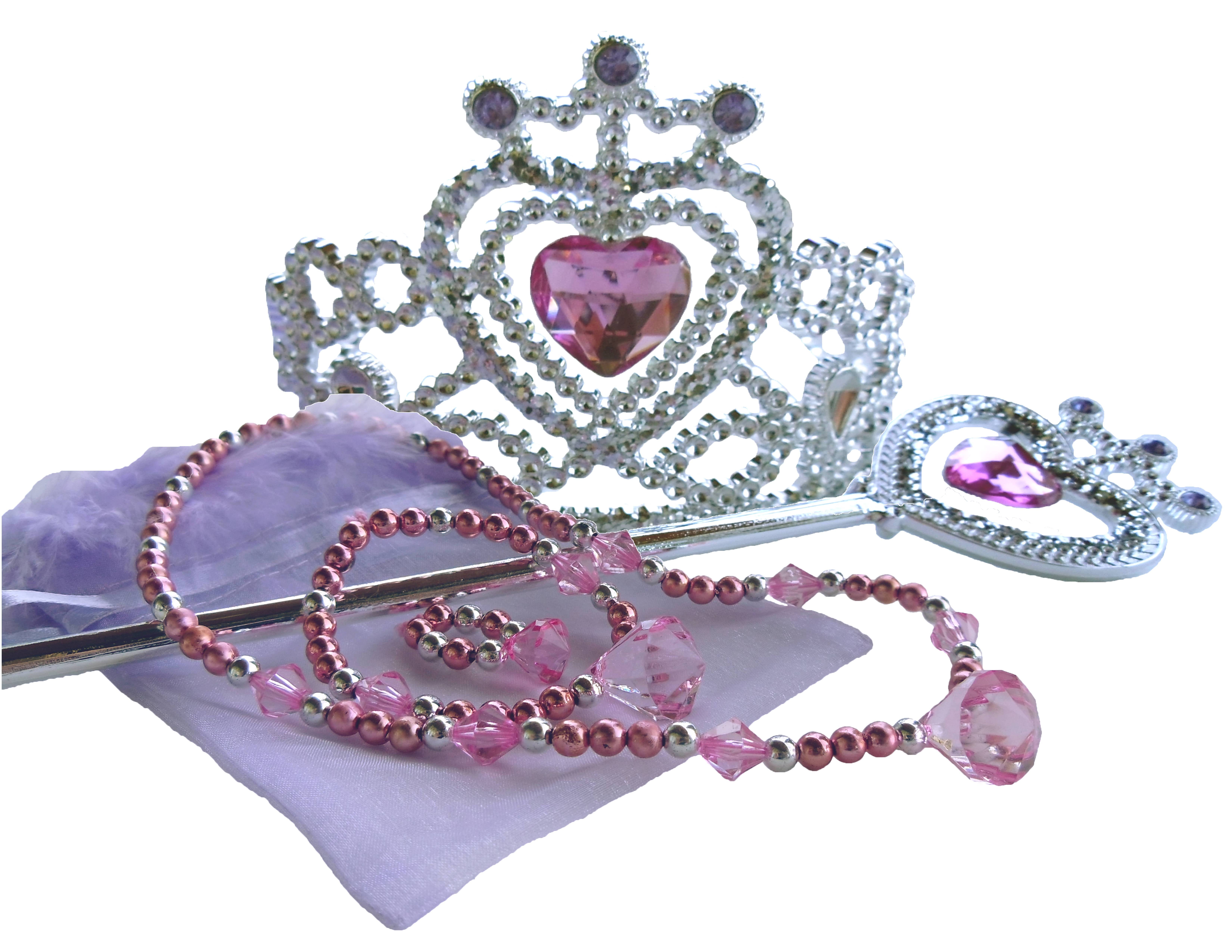 Girl's Glitz and Glam Princess Tiara Dress up Set - Includes Crown, 15 inch Wand, & Jewelry Bag (Diamond Necklace, Bracelet, and Ring in a Marabou Organza Pouch)