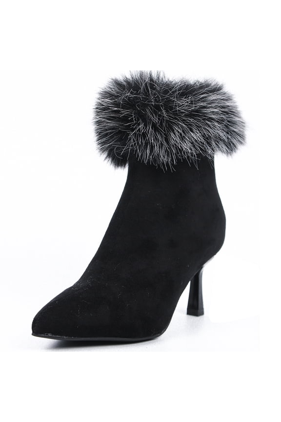 Womens High Heel Fluffy Ankle boots Zip Pointed Toe Autumn Winter Shoes