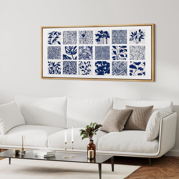 IDEA4WALL Extra Large Framed Canvas Print Wall Art Blue Botanical Elegant Floral Classic Art Vintage Wildflowers Pattern Wall Decor Oversized Artwork Relax/Calm for Living Room - 60"x30"