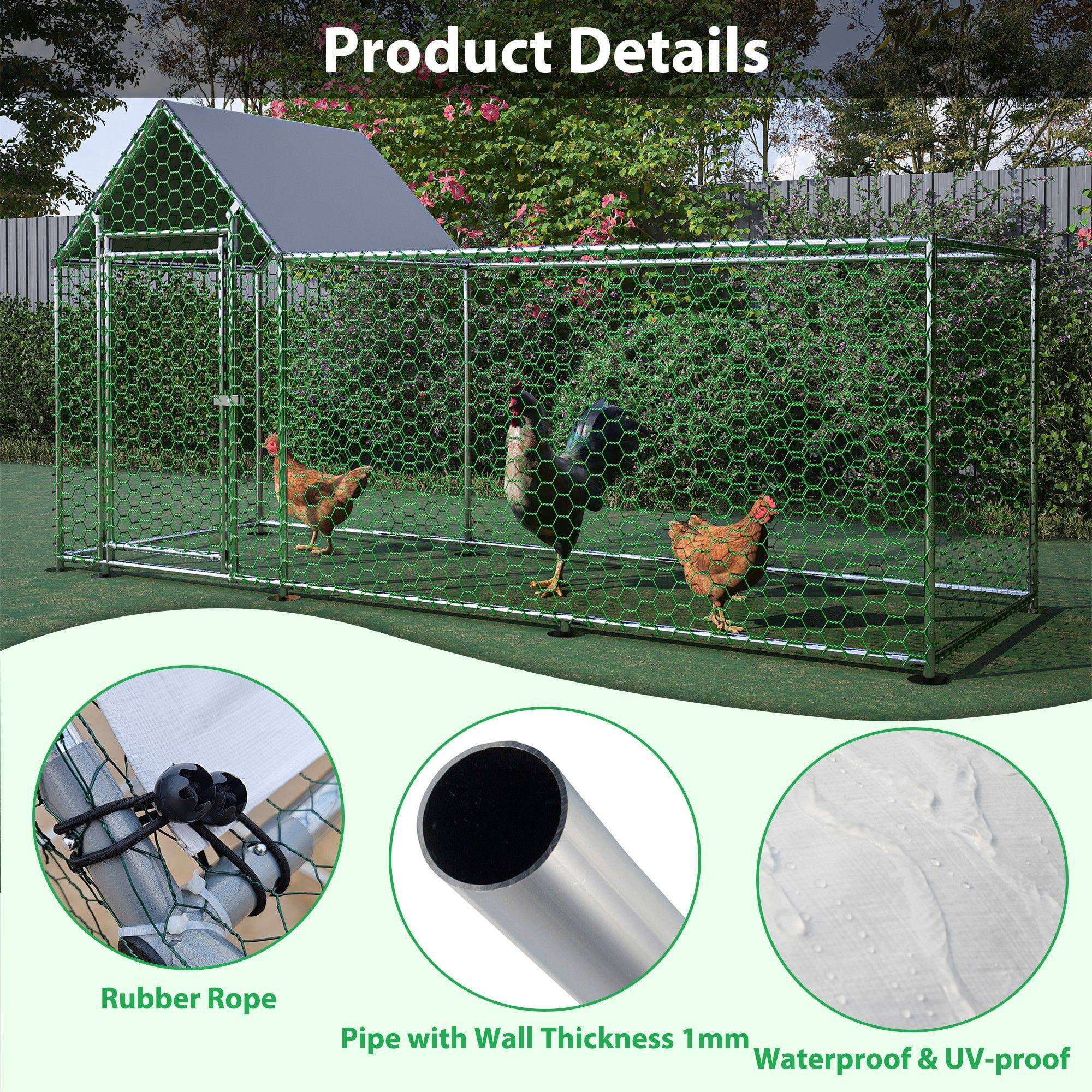 Demi Bonn 119" Large Metal Outdoor Rabbit Hutch Run, Weatherproof Roof Chicken Coop, UV Resistant, Backyard Hen House Poultry Habitat Cage, Silver