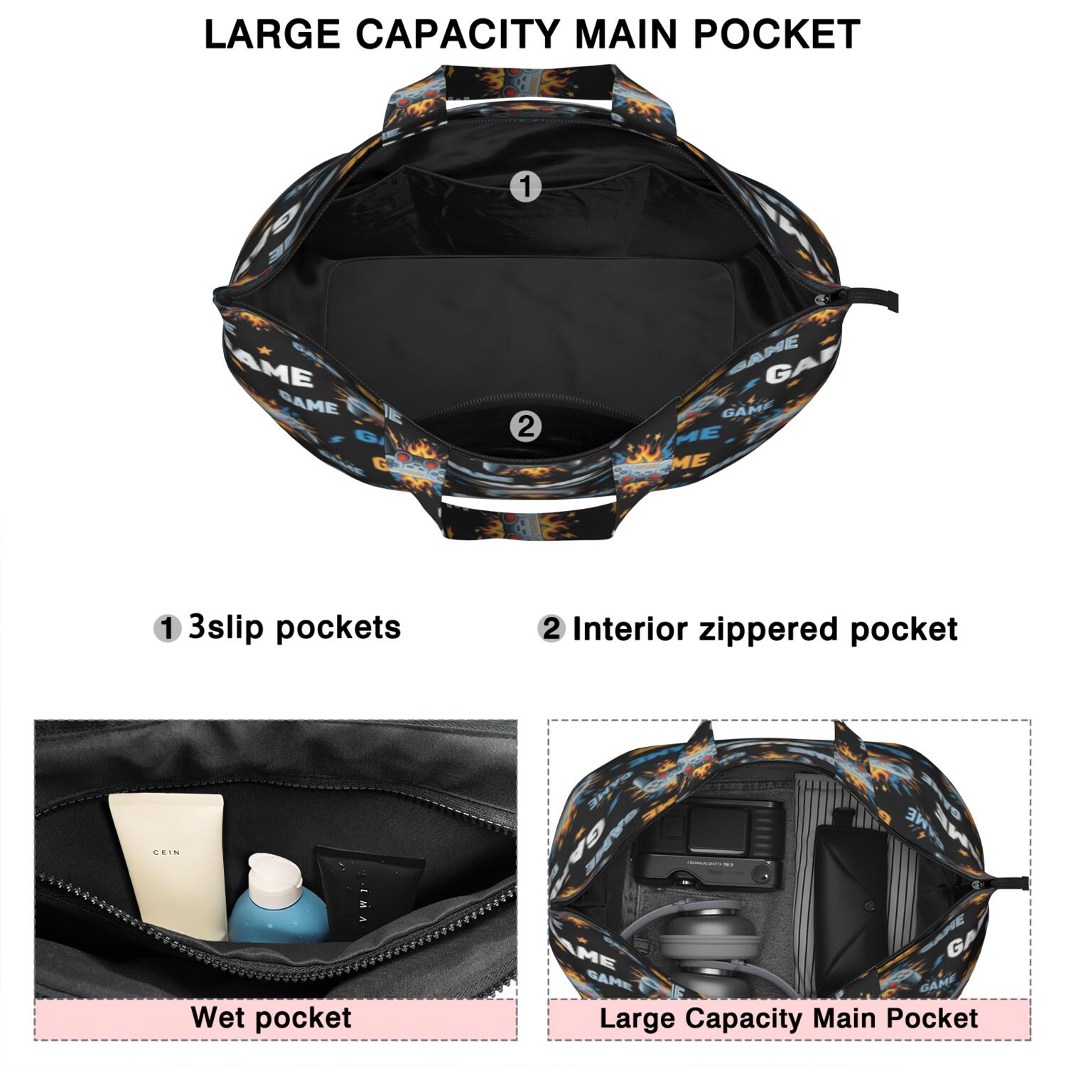 Colorful Controllers Games Flames Black Pattern Travel Tote Bags for Women Carry On,Large Weekender Bags for Women Travel,Multi Functional Duffle Bag for Work,Shopping,Sports