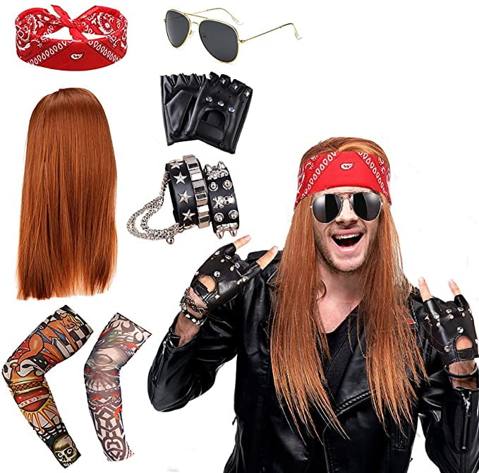 New 70s 80s 90s Men's Disco Halloween Costume Sleeve Tattoos Rock Star Metal Wig 
