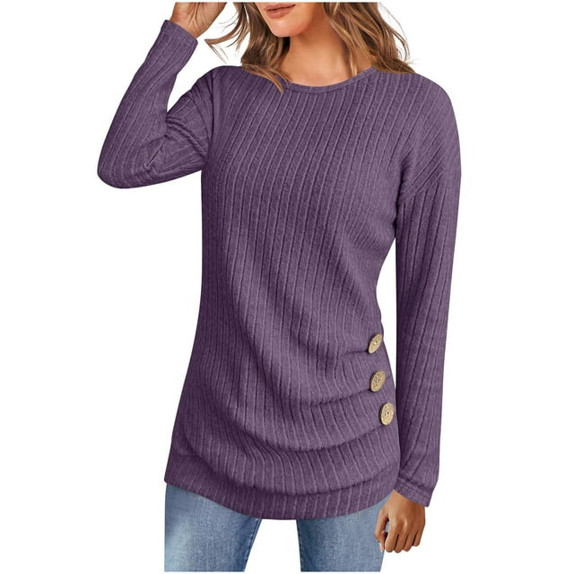 Wensltd Women Solid Color Ribbed Knit Top Spring Fall Long Sleeve Crewneck Soft Stretch Casual Blouse Trendy Basic Pullover
