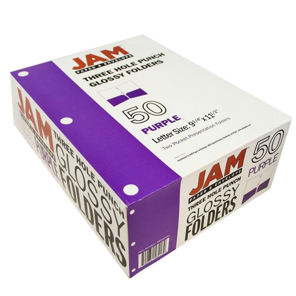 JAM Paper Glossy 3 Hole Punch Folders, Purple, 50/Pack