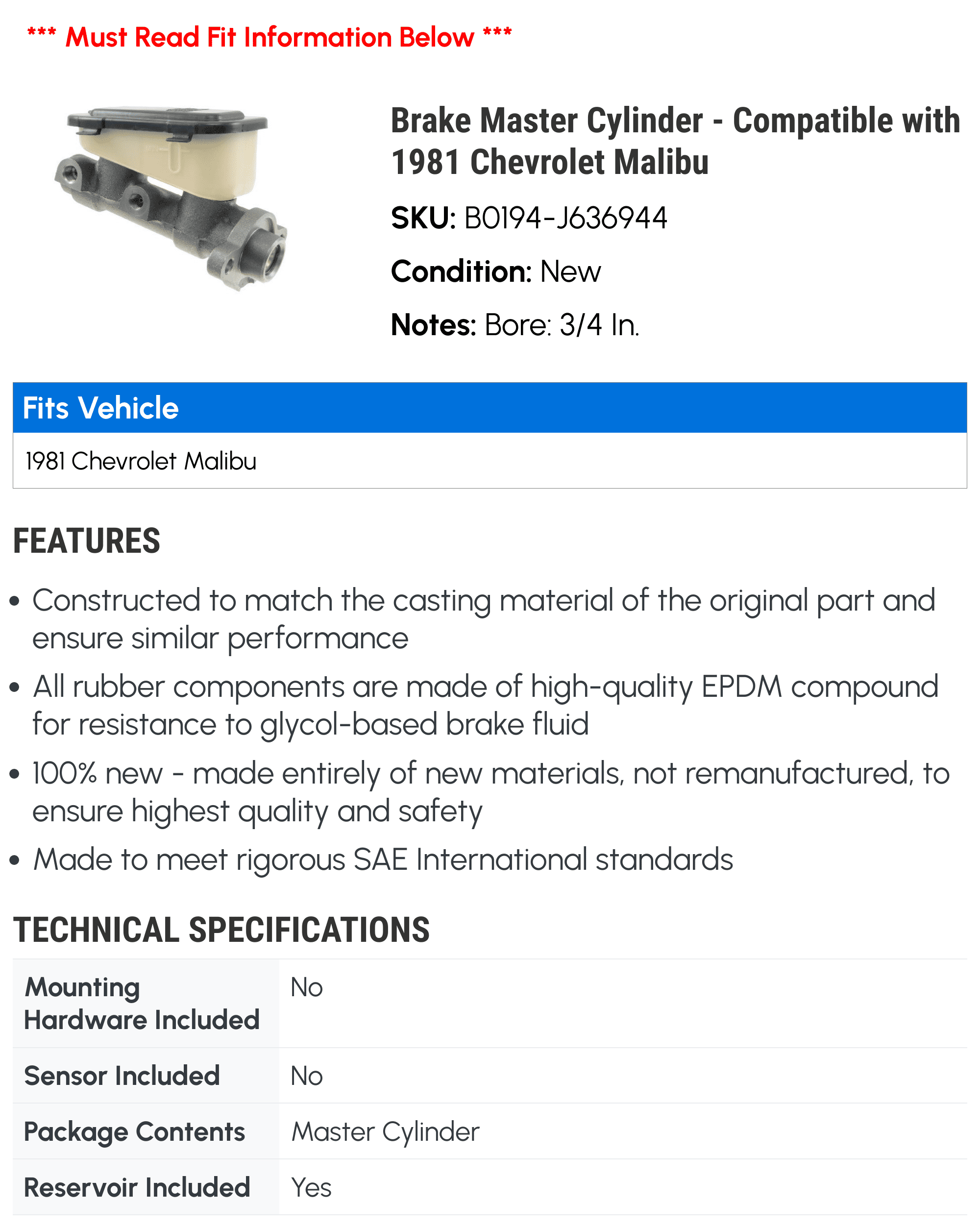 Brake Master Cylinder - Compatible with 1981 Chevy Malibu