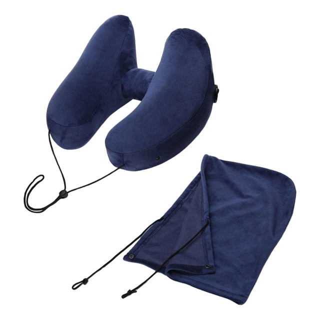 Almohada inflable de viaje para el cuello, bolsillo lateral con bolsa de almacenamiento con cordón, almohada para siesta de oficina Azul