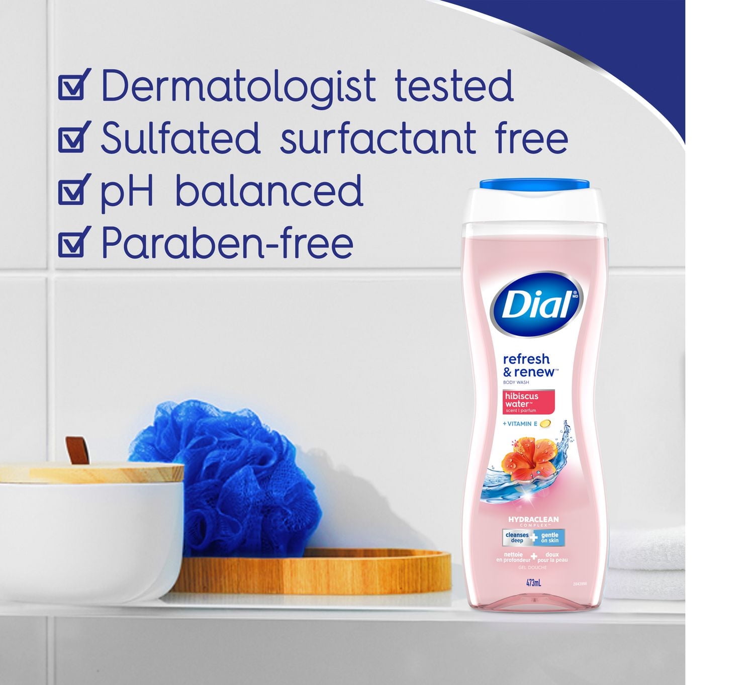Nettoyant rafraîchissant pour le corps à l’eau d'hibiscus Dial, 473 ml, testé par des dermatologues, sans silicones, parabènes, phtalates ni SLS, emballage de 1