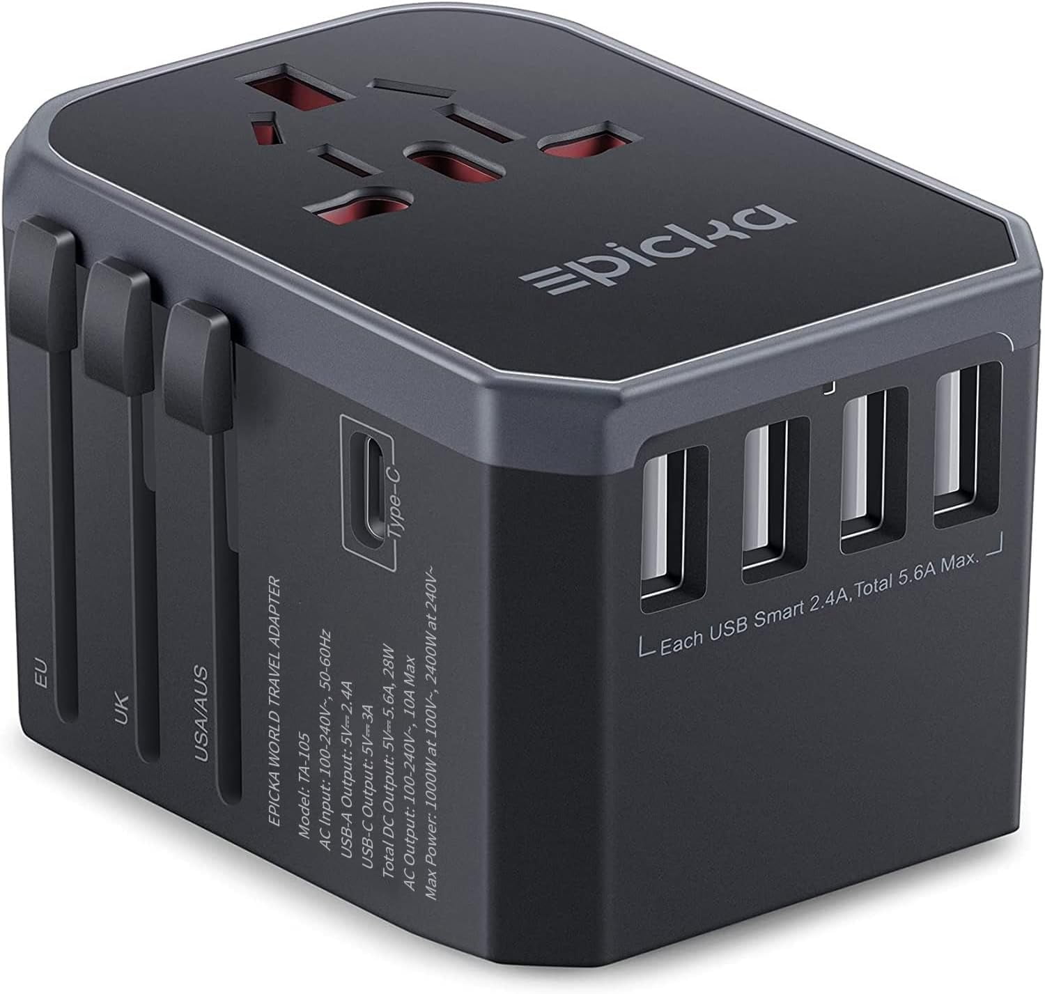 Ceptics World Travel Adapter Kit – 2 USB Ports + 2 US Outlets, Surge Protection, 6 Interchangeable Plugs For Europe, UK, Australia, Japan & More (Not A Voltage Converter)