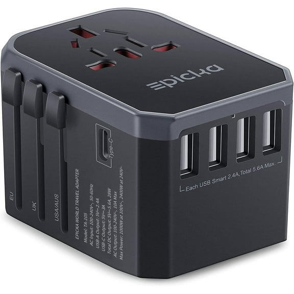 Universal Travel Adapter European Travel Plug Adapter (Not a Voltage Converter) - International Power Adapter Worldwide Charger with USB-C & 4 USB-A Ports Travel (TA-105 Grey)