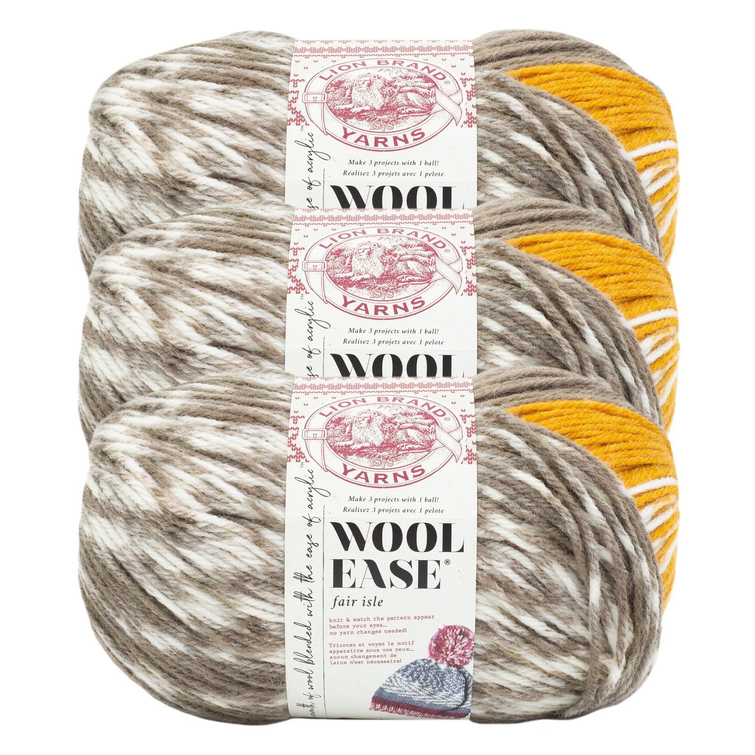Lion Brand Wool-Ease Fair Isle Yarn #4 Medium/Worsted Acrylic/Wool Yarn 3 Pack - 150g/318m