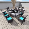 thumbnail image 2 of Gotland 10-Piece Indoor/Outdoor Dining Table Set, Garden Patio Rattan Set with w/Tempered Glass Tabletop with Removable Cushions and Umbrella Cutout for Patio, Backyard,8 Chairs - Blue, 2 of 8