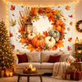 thumbnail image 3 of Circular Wreath with Pumpkins and Lantern on Linen, Cozy Rustic for Nature Lovers, Autumn Home Decor Thanksgiving Gift, Tapestry Wall Hanging for Living Room and Bedroom, 3 of 7