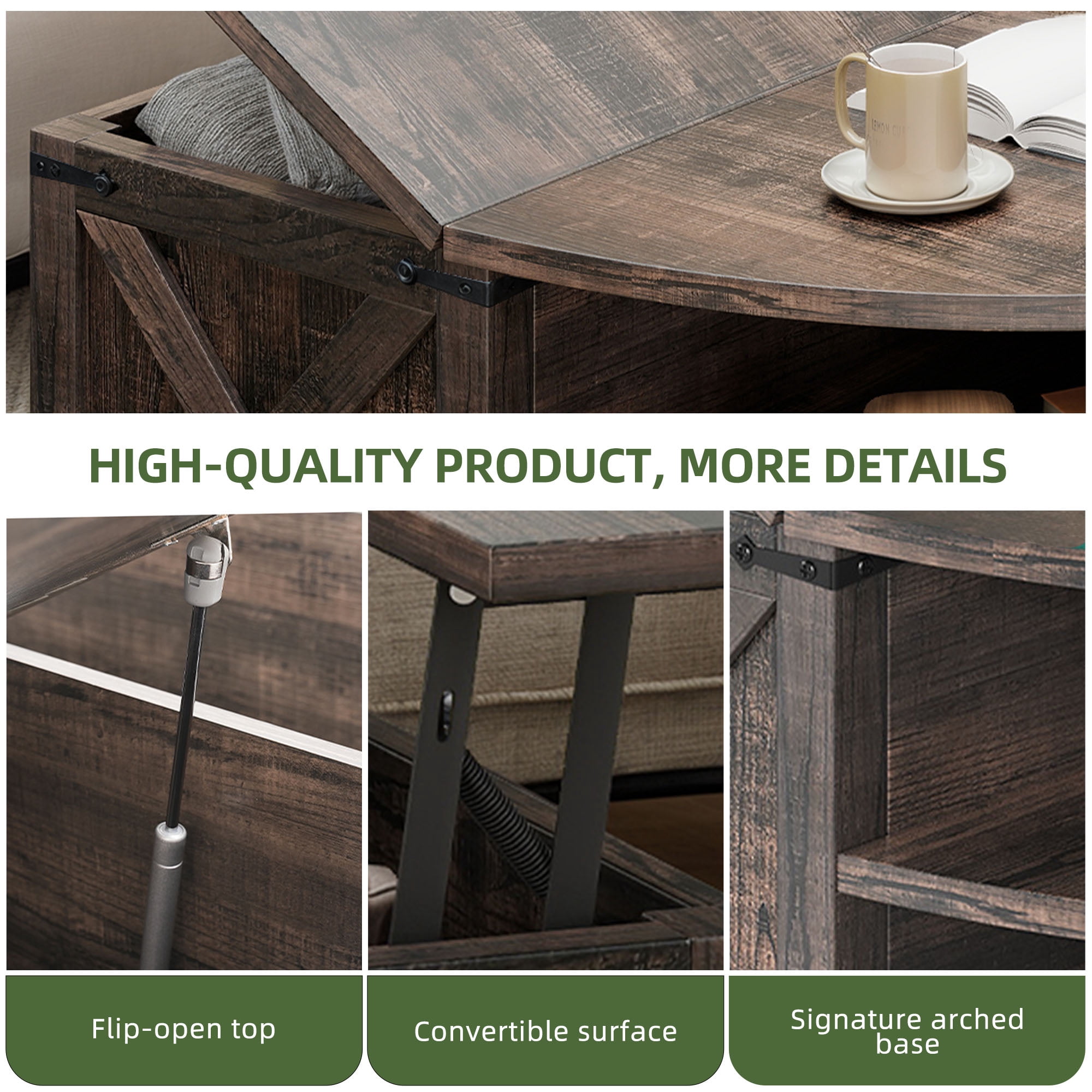Uforic Farmhouse Lift Top Coffee Table with Storage & Power Outlets, Dark Oak