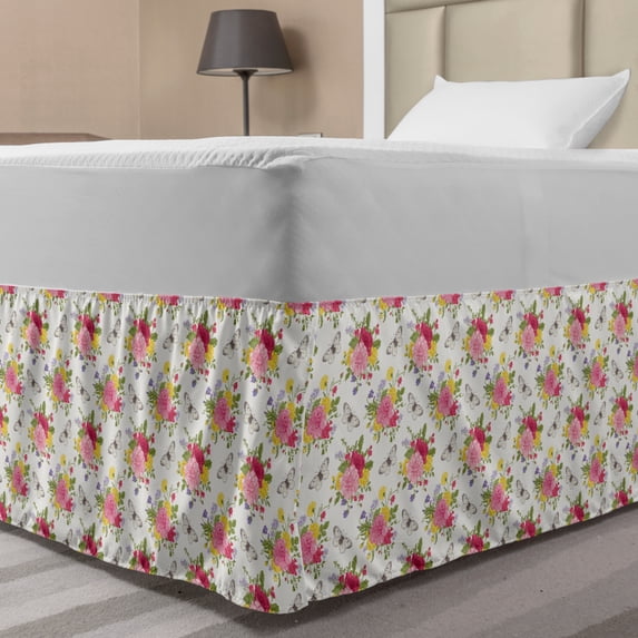 Shabby Flora Bed Skirt, Peonies Roses and Peas Bell Colorful Bouquet Butterflies Botany Garden, Elastic Bedskirt Dust Ruffle Wrap Around for Bedding Decor, 4 Sizes, Multicolor, by Ambesonne