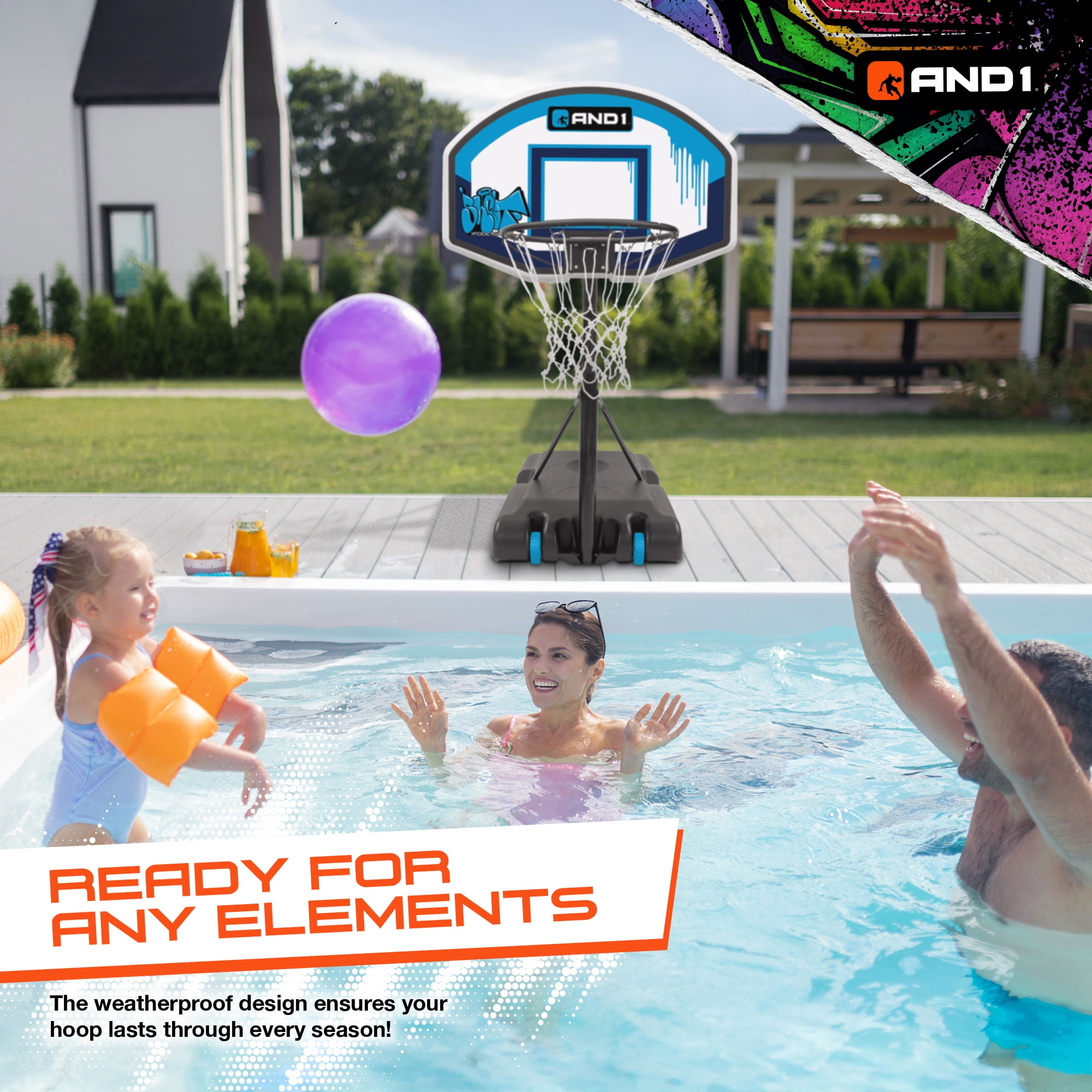 AND1 Adjustable Poolside Basketball Hoop, Shatterproof Grade 27" Backboard, All Weather Design
