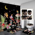 thumbnail image 1 of Juego de 4 cortinas de ducha con diseño de setas rojas, diseño de luna, estrellas, mariposas, plantas, flores y botánicas, cortina de ducha de tela impermeable negra, alfombrilla de baño, 1 of 7