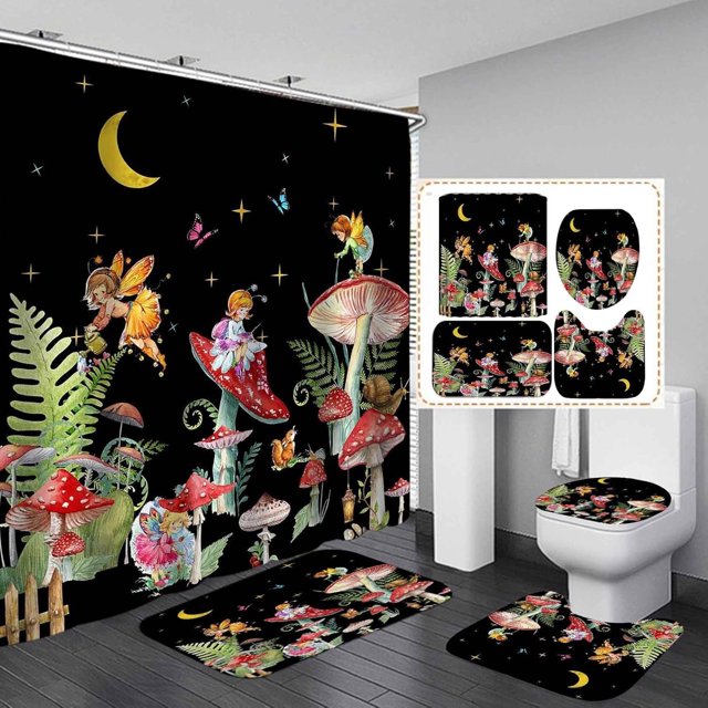 Juego de 4 cortinas de ducha con diseño de setas rojas, diseño de luna, estrellas, mariposas, plantas, flores y botánicas, cortina de ducha de tela impermeable negra, alfombrilla de baño