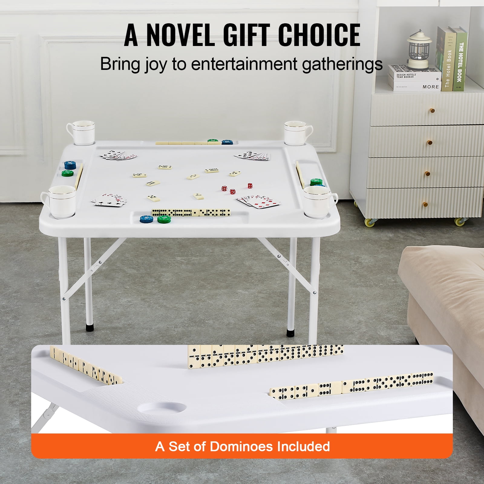 VEVOR Mahjong Table, Square 4 Player Folding Card Table with 4 Cup Holders & 4 Chip Trays, Portable Domino Game Table with 1 Set of Dominoes for Mahjong Poker Puzzles, 35.4 x 35.4-inch, White