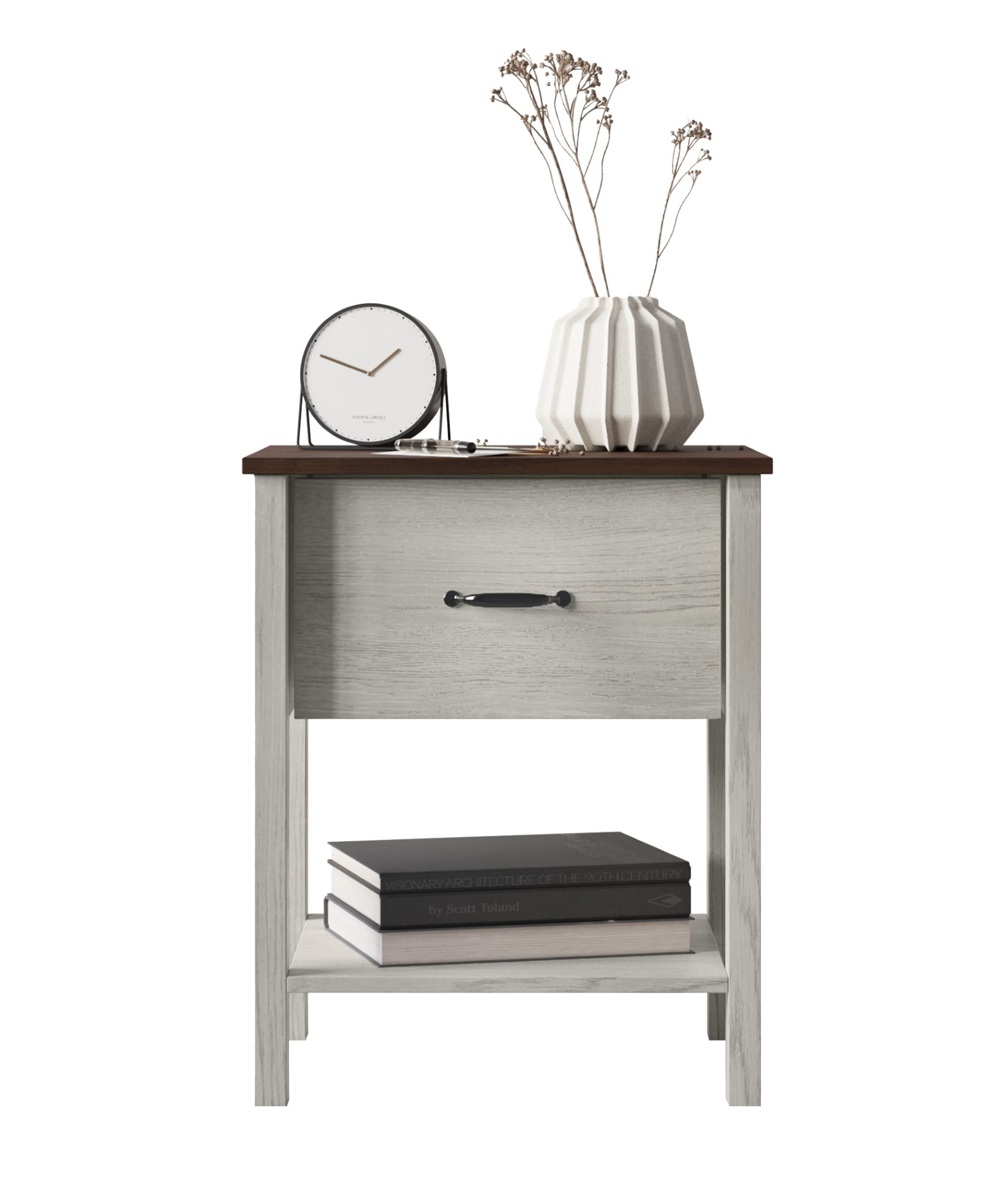 Home Design Sana Nightstand with Pull-Out Drawer and Open Shelf, White Oak/Brown, Easy Assembly (Set of 2)