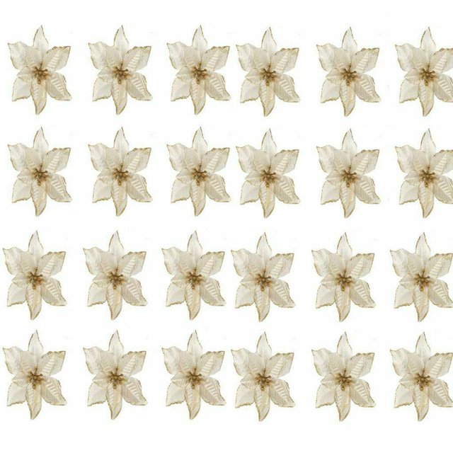 24Pcs Christmas Glitter Artificial Poinsettia Flowers Xmas Poinsettia Artificial Wedding Flowers Decorations Xmas Tree Ornaments for Party Favors, 6inch