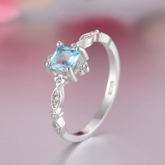 Women Dainty Blue Crystal Simple Style Square Engagement Finger Ring