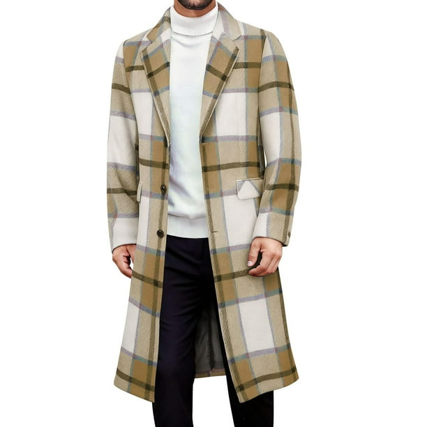 Kalauyu Men's Casual Notched Collar Plaid Single Breasted Wool Blend Formal Trench Top Coat