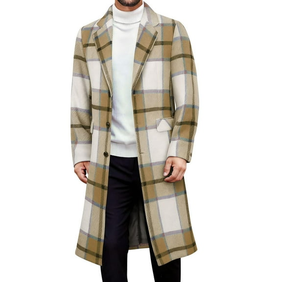 GuangCheng Mens Plaid Overcoats,Long,Wool Blend,Trench Coat,Winter,Warm,Outerwear with Notch Lapel and Flap Pockets,Khaki,2XL