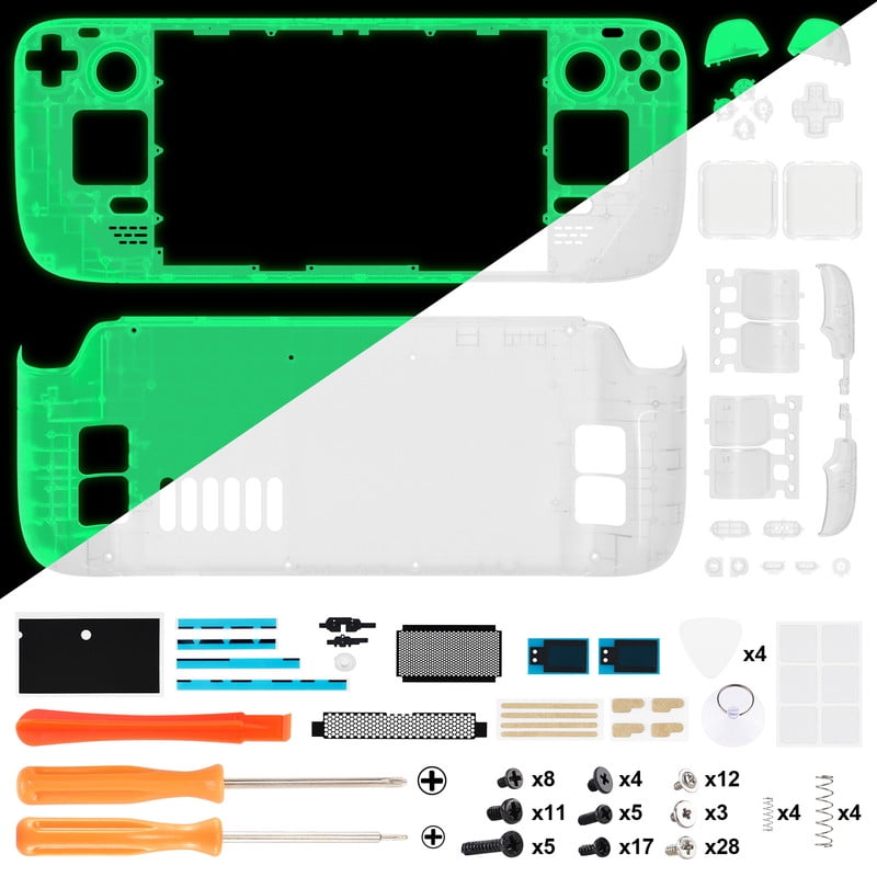 eXtremeRate Glow in Dark - Green Custom Faceplate Back Plate Shell for Steam Deck LCD, Handheld Console Replacement Housing Case, DIY Full Set Shell Buttons for Steam Deck Console - No Console