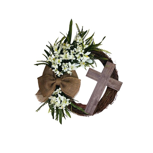 Relayinert Couronne de Porte Ronde de Pâques avec Croix et Toile de Jute Décoration de Porte d'Entrée Rustique