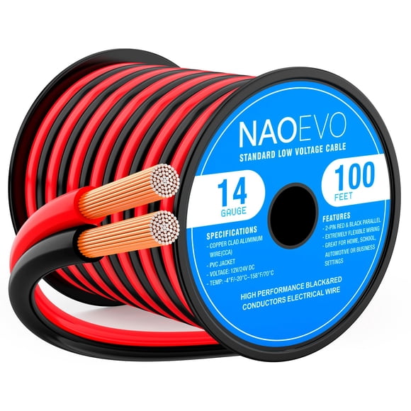 NAOEVO 14 Gauge Wire 100FT, 2 Conductors Electrical Wire Red Black Cable, Flexible/Low Voltage/PVC 14 AWG Copper Clad Aluminum Extension Co