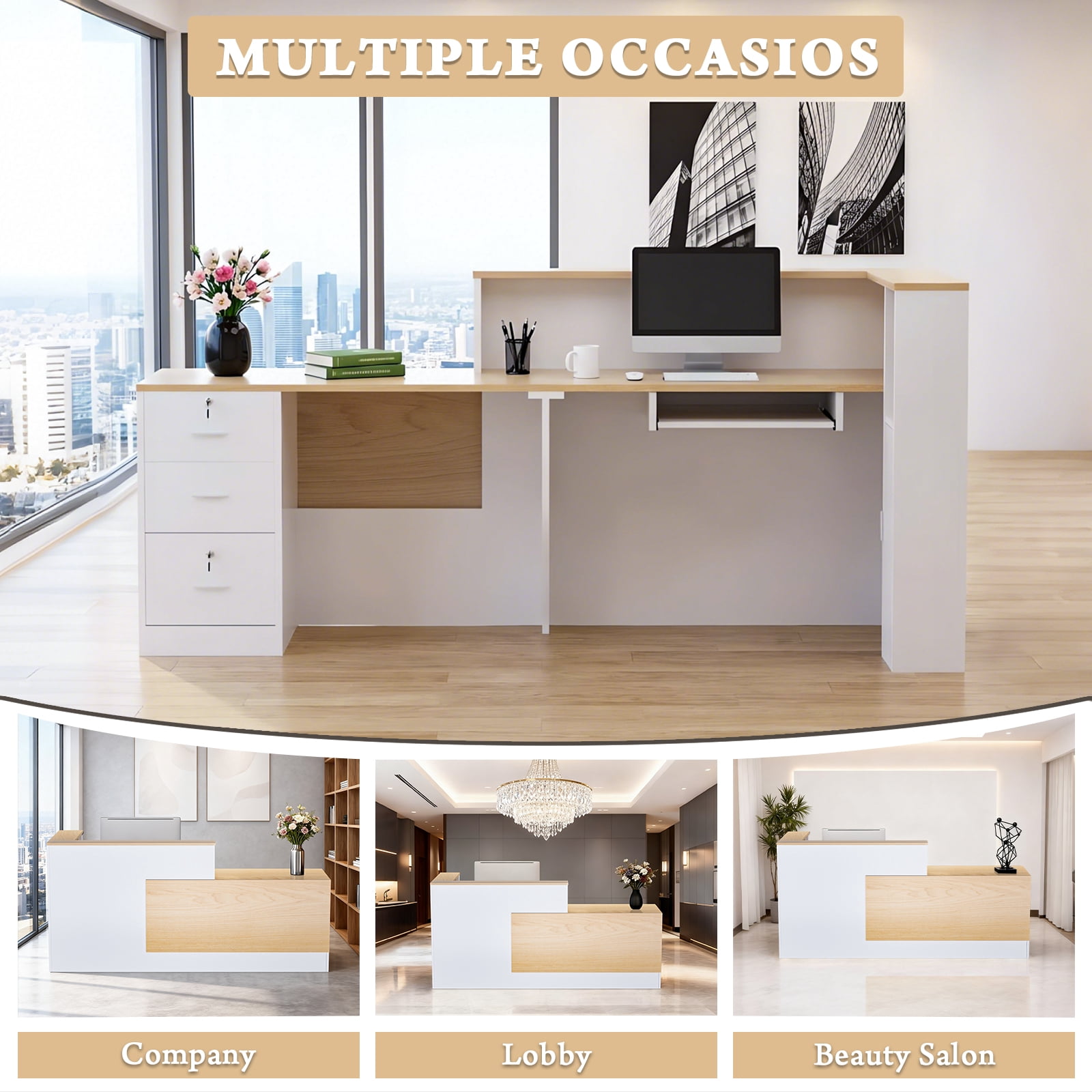 Vakiorn 71in L-Shaped Reception Desk Natural Wood White with Lockable Drawers for Office Lobby