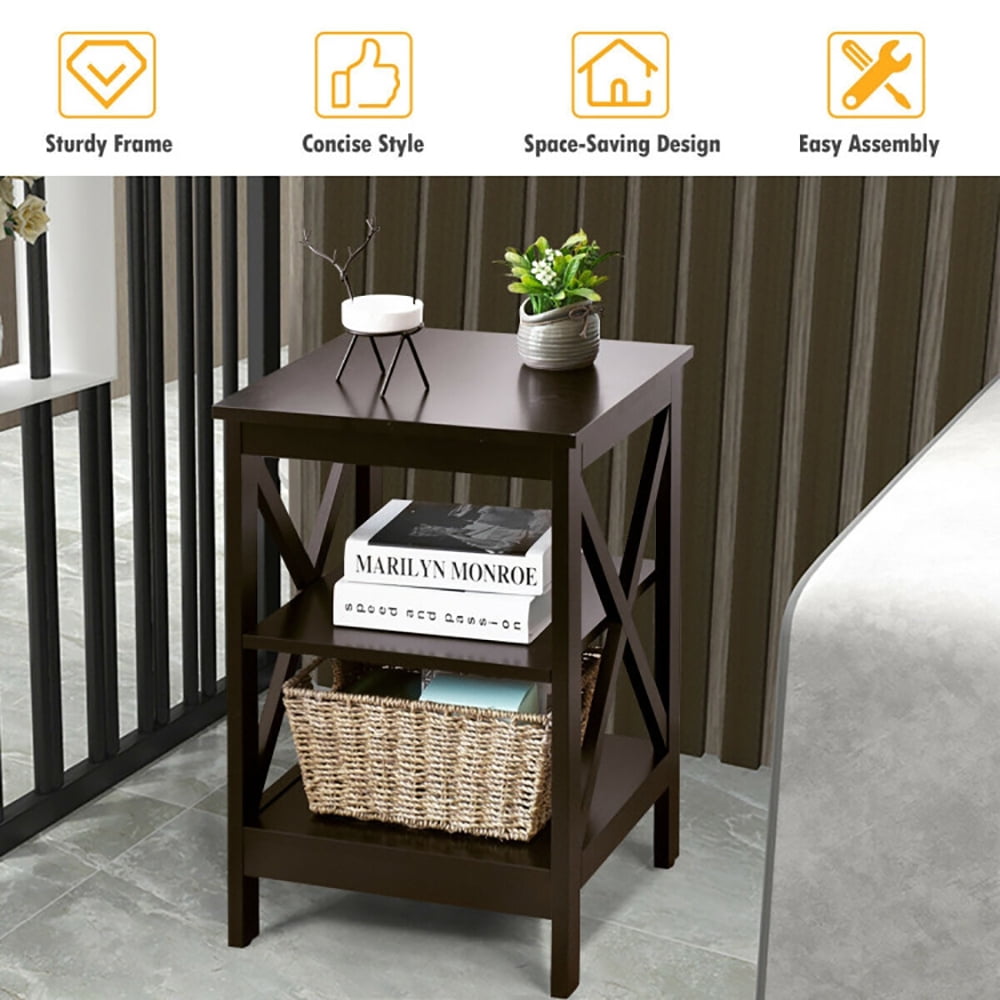 Finihen End Table, 3-Tier Nightstand End Table with X Design Storage, Bed Side Tables, for Living Room, Bedroom, Dark Brown Finihen End Table, 3-Tier Nightstand End Table with X Design Storage, Bed Side Tables, for Living Room, Bedroom, Dark Brown