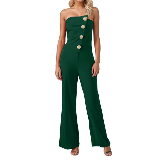 Mono con hombros descubiertos y detalle de botones para mujer - Pantalones acampanados, verano, S-XXL