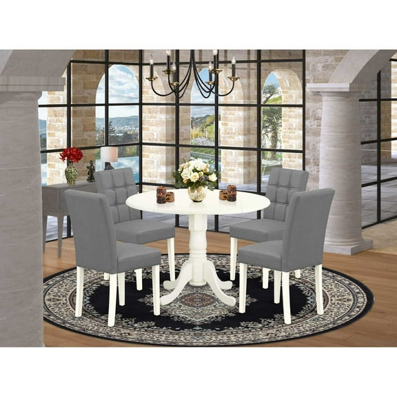 Vintage 5 Piece Dining Set - Round Table with Dropleaf & 4 Chairs - Linen White Kitchen Table