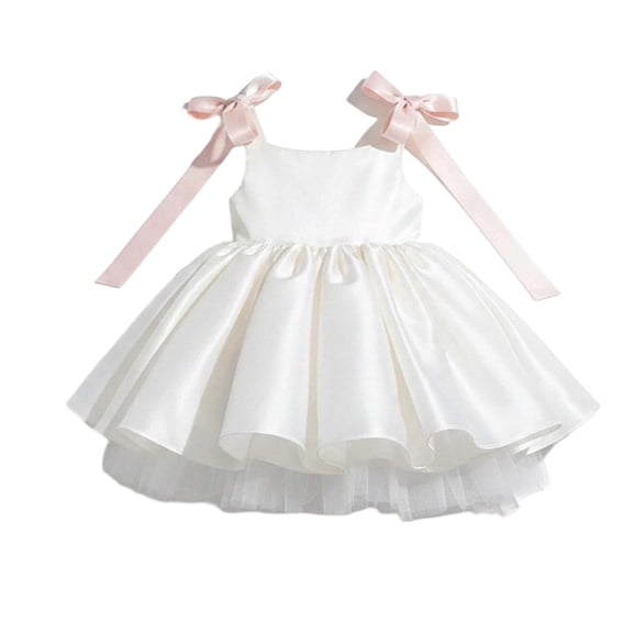 RUTAYY Girls Dress Solid Color Sleeveless Bow Shoulder Strap Satin Party Gown White Breathable Comfortable Classic Versatile Dresses