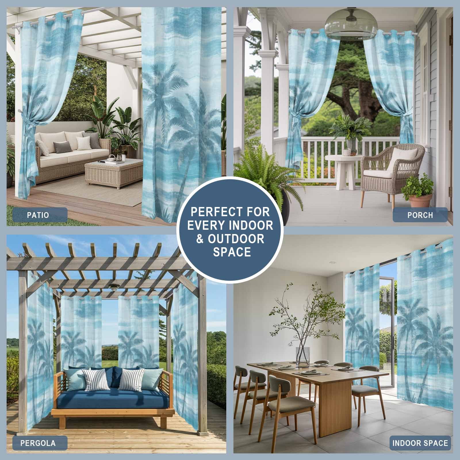 Summer Beach Palm Tree Outdoor Curtains for Patio, Coastal Nautical Tropical Ocean Blue Trees Leaf Sunshade Privacy Drapes Grommet Waterproof Outside Curtains for Porch Balcony 54"x108", 1 Panel