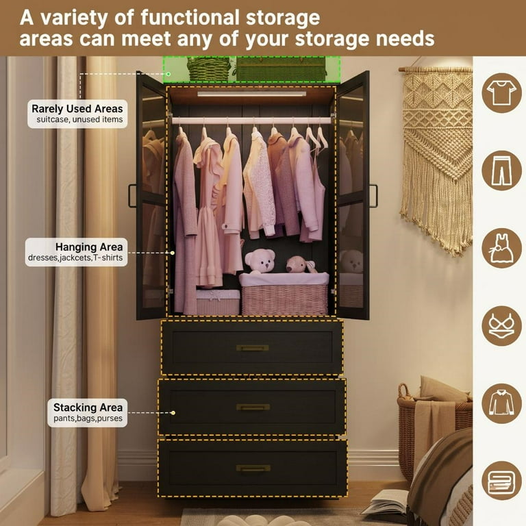 10 Door Armoire Wardrobe Closet for Bedroom with 3 Drawers, 75 inchh Wooden Armoire Wardrobe Set with LED Sensor Light & Hanging Rod, Farmhouse 10 Door Armoire Wardrobe Closet for Bedroom with 3 Drawers, 75 inchh Wooden Armoire Wardrobe Set with LED Sensor Light & Hanging Rod, Farmhouse