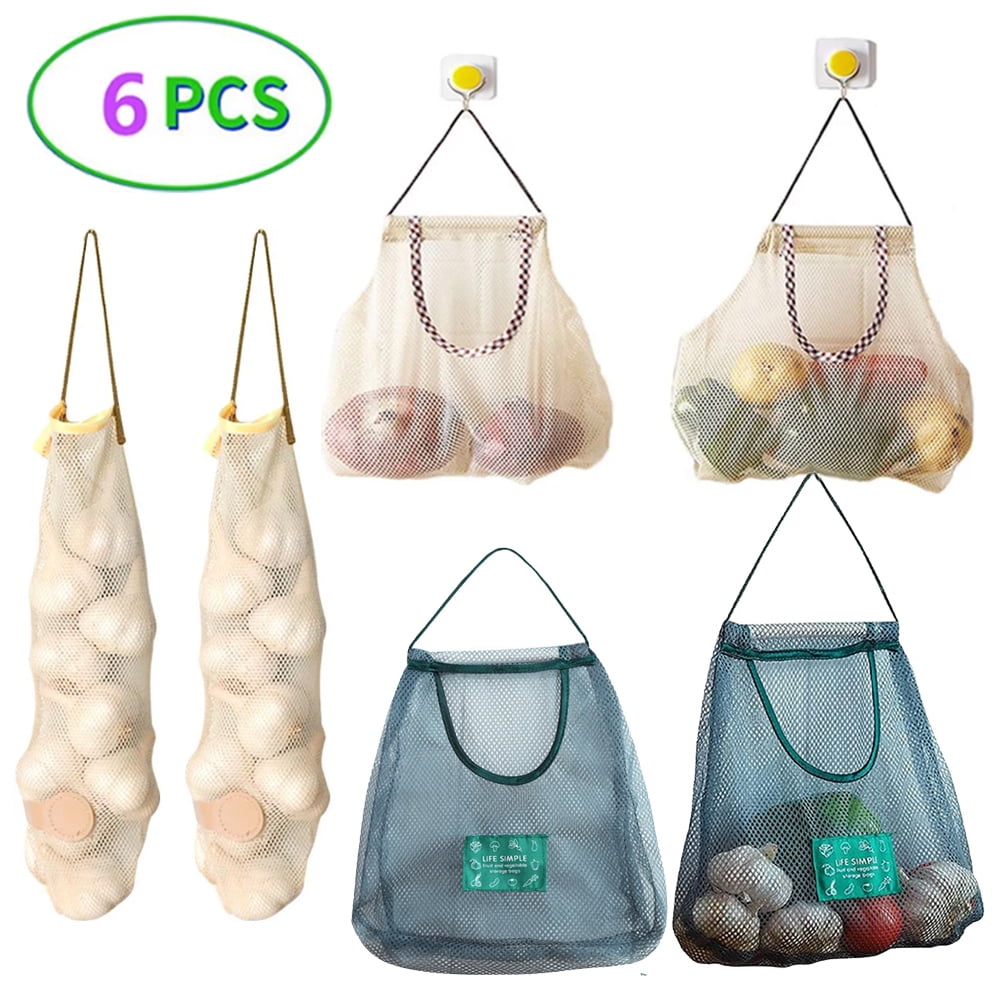 6Pack Hanging Produce Mesh Bags,Reusable Storage Mesh Bags for Fruits