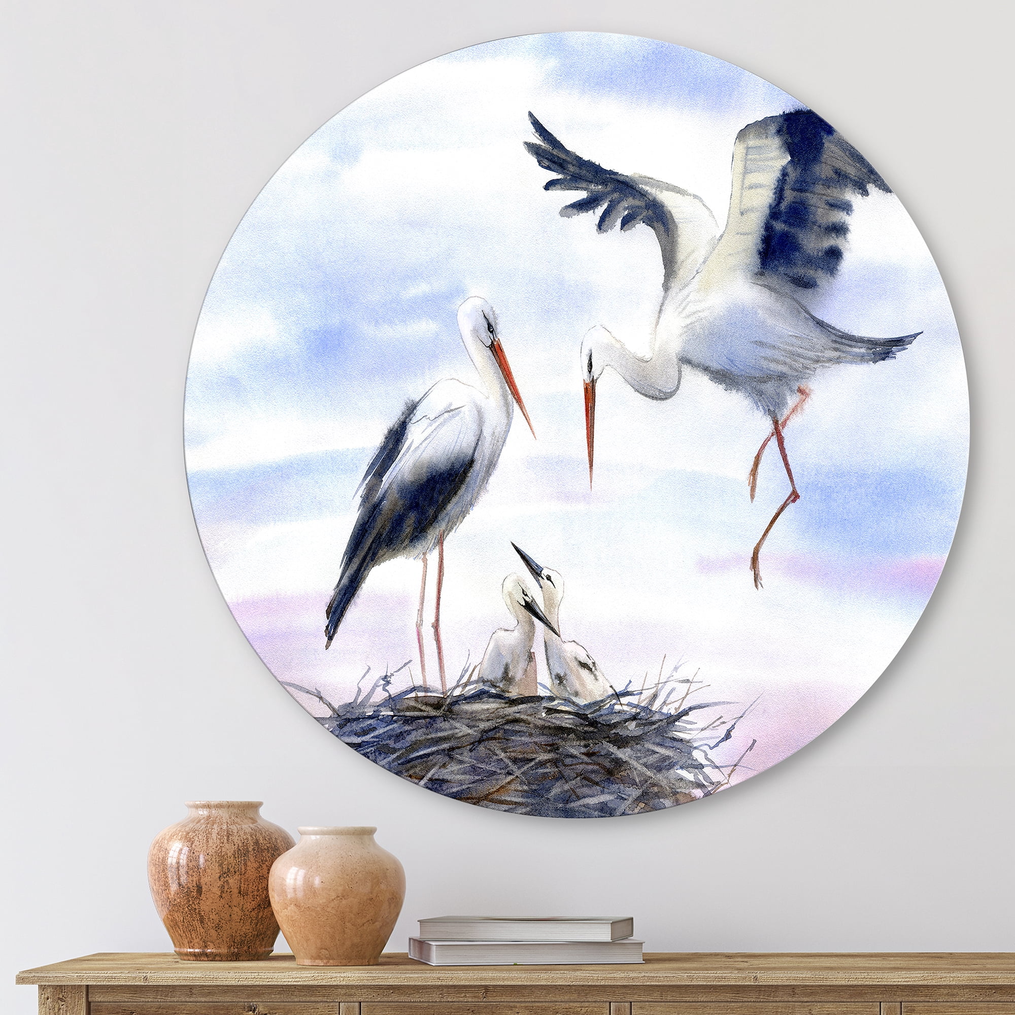 Designart 'Storks With Babies In The Nest' Farmhouse Circle Metal Wall Art 11x11 - Disc of 11