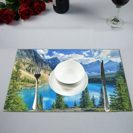 

MKHERT Landscape Canadian Rockies Mountain Moraine Lake Banff on Sunny Day Placemats Table Mats for Dining Room Kitchen Table Decoration 12x18 inch Set of 4
