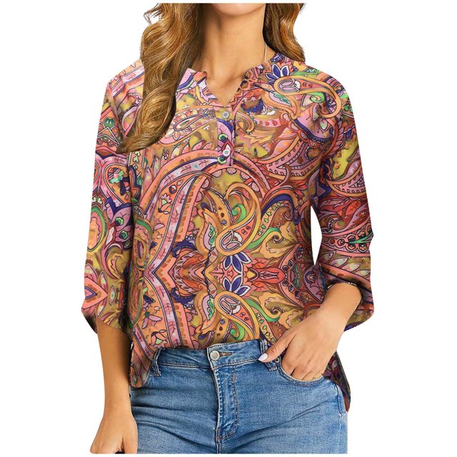 Camiseta de manga larga con cuello en V y estampado de moda de verano para mujer Fridja bvmnju4884