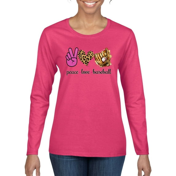 Peace Love Baseball Sports Womens Graphic Long Sleeve T-Shirt, Fuschia, XX-Large