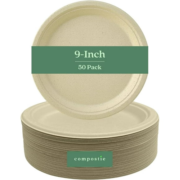 FREE SHIPPING COMPOSTIE 50pcs 100% Compostable and Disposable Sugarcane Paper Plates 9 Inch for 50 Guests and Events Parties Weddings