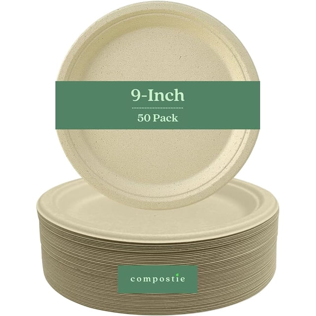 FREE SHIPPING COMPOSTIE 50pcs 100% Compostable and Disposable Sugarcane Paper Plates 9 Inch for 50 Guests and Events Parties Weddings