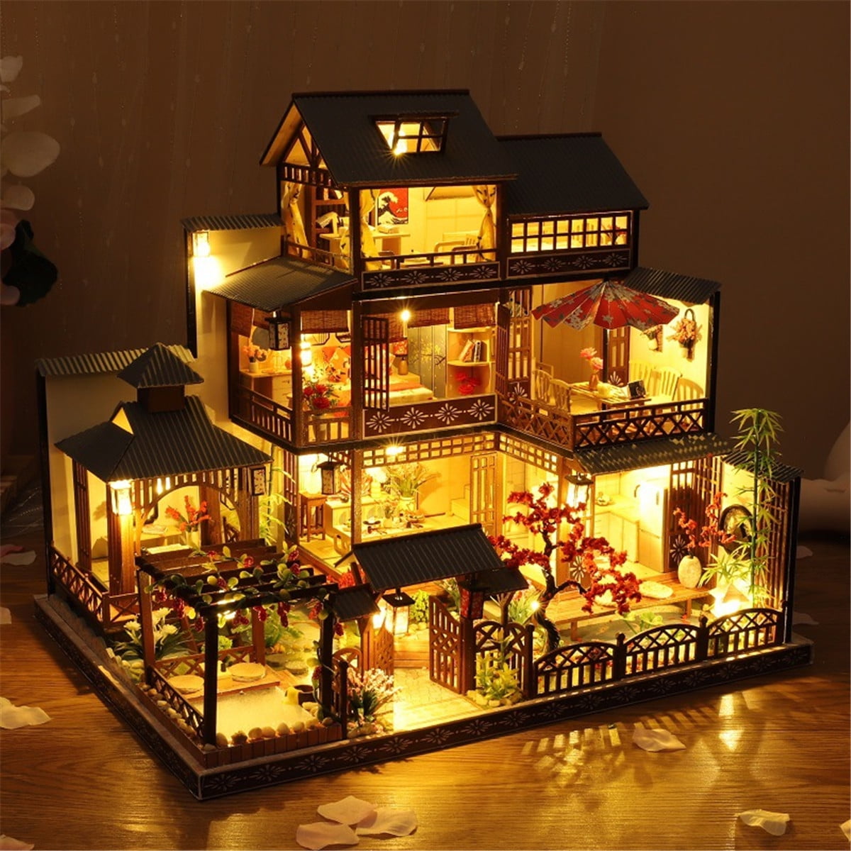 Big Villa Wood Dollhouse Beautiful Light Miniature Furniture Kits DIY Houses # 