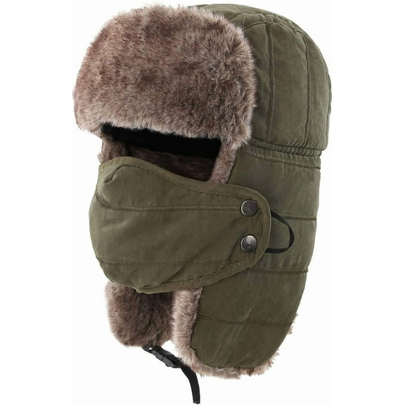 AKcxy Men's Trooper Trapper Hat Warm Winter Hats with Removable Face Mask Earflaps Faux Fur Hunting Outdoor Hat