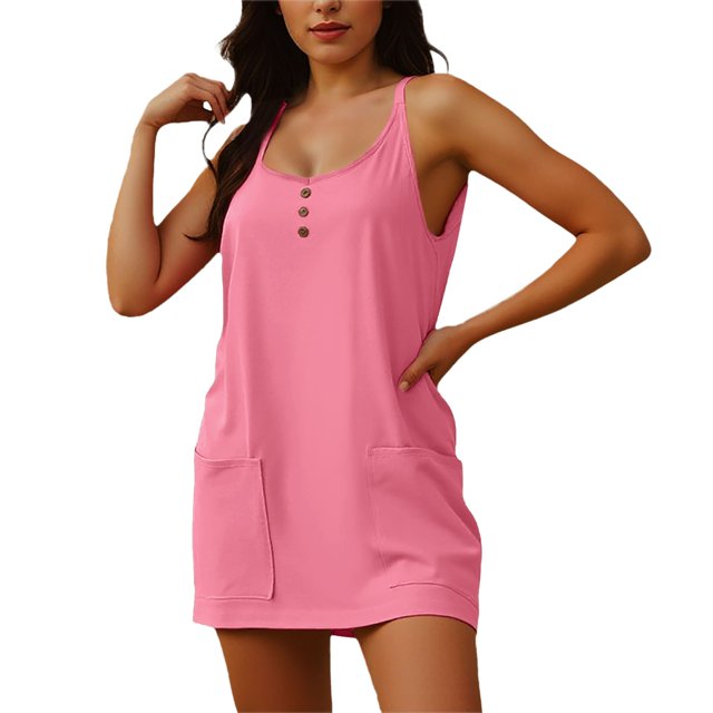 Mono liso de mujer, vestido informal sin mangas con tirantes, botones y bolsillos.