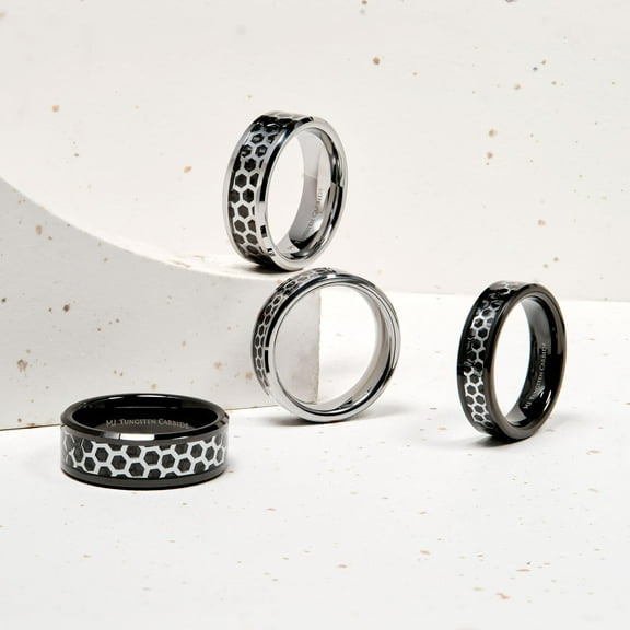 Tungsten Carbide Black Plated Wedding Band 6mm Hexagon Pattern Over Black Carbon Fiber Inlay Ring Size 6
